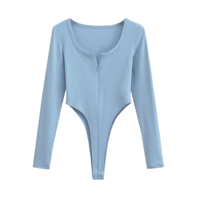 Women's Retro U-Neck Half-Neck Long-Sleeved Blouse Hottie Solid-Colored Sexy Bottom T-Shirt