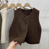 Real-A-Shoot Wool-Blend Two-Grained Collared Vest Solid Color Commuter Laminated Waistless Shoulder Woman
