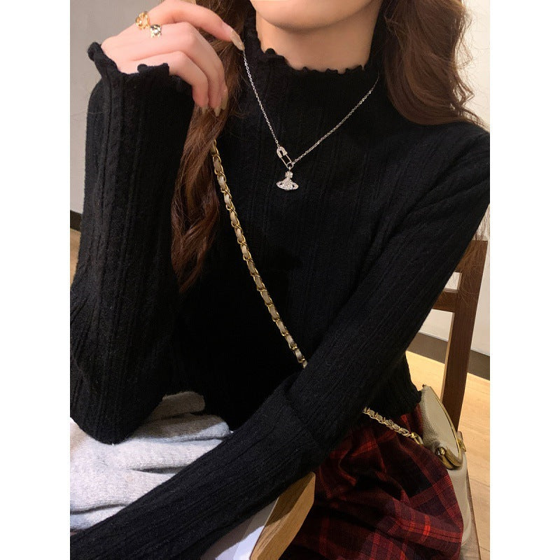 KANING Solid-Colored Semi-High-Necked Knitted Shirt 2026 Autumn And Winter New Wood Ear-Sideded Sweater