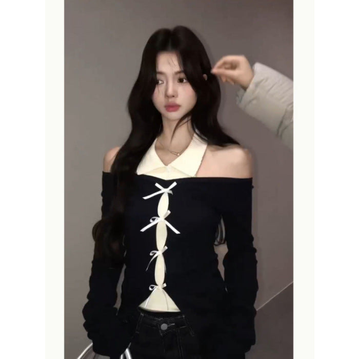 Pure Babes Spliced Bow Knitted Women's Autumn Design Slim Slimming Bottom Shirt Inside The Top