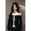 Pure Babes Spliced Bow Knitted Women's Autumn Design Slim Slimming Bottom Shirt Inside The Top