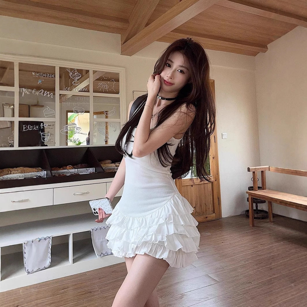 Sexy White Sling Dress Summer New Lotus Leaf Design Splicing Thin Ballet Style A Word Short Skirt