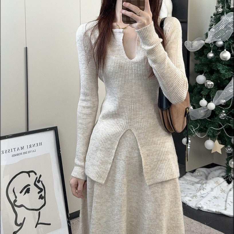 KANING Elegant Open Fork Bottom Sweater Half-Dress Two Sets 2026 Autumn New Fashion Knitting Suit Woman