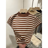 Half-High-Necked Striped Knitted Flying Sleeves To Fix The Little Shirt Girl's Short-Sleeved Bottom Shirt