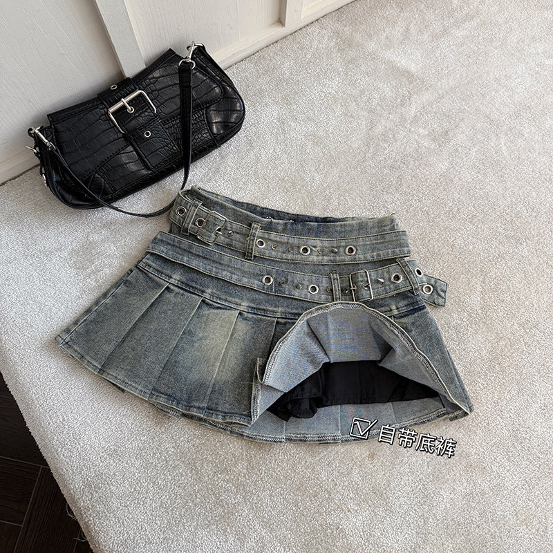 Real Shooting 2026 Pure-Hearted Hot Babes Design Elastic Denim 100-Folded Skirt Skirt