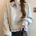 Shirt Splicing Fake Two Women's Spring And Autumn Large-Size Micro-Fat Mm Thin Short College Style Polo Collar Top