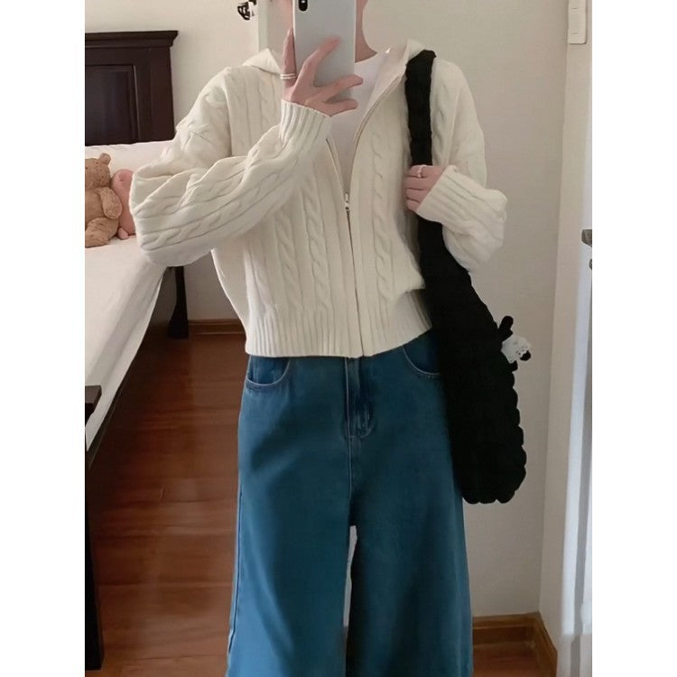 LEKA Korean Version Of The Jasmine Hooded Zip Knitted Cardigan 2026 Autumn And Winter New Women's Short Sweater Coat Top