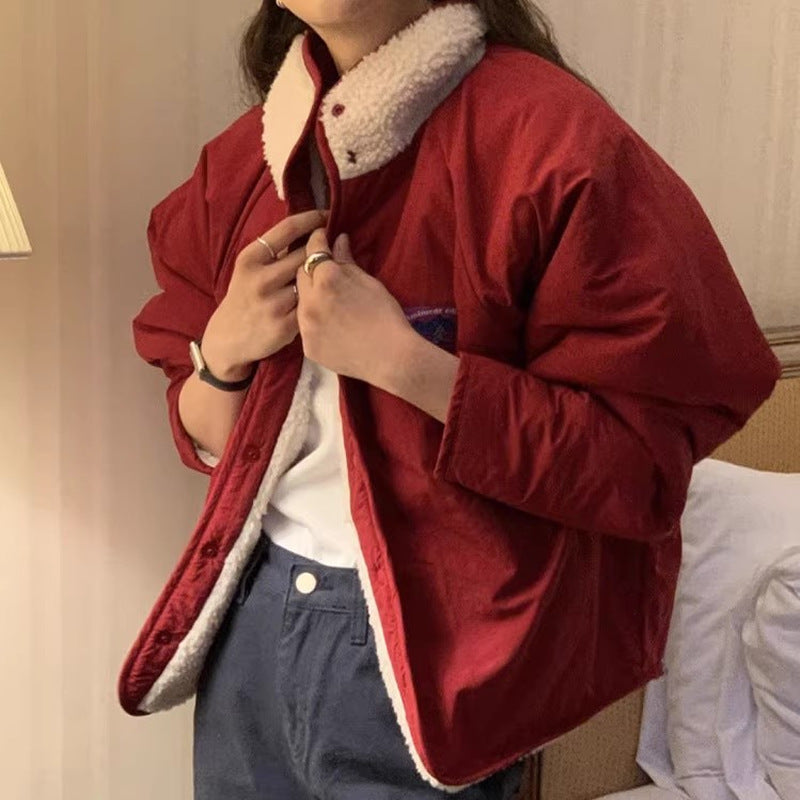 Simple Winter Positive And Reverse Two Small Labels Bump Color Lamb Hair Loose Leisure Warm Short Coat