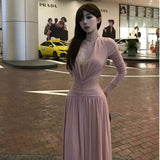 [Original Fabric] Korean Version Of Commuting Sweet V-Neck Lace Splicing Long Sleeves To Close The Waist Dress Women In Autumn 2025