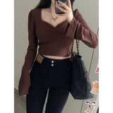 Pure Collar Folded Horn Sleeve Short T-Shirt Girl Slim Thin Hottie Sexy Long-Sleeved Knitting Blouse Ins