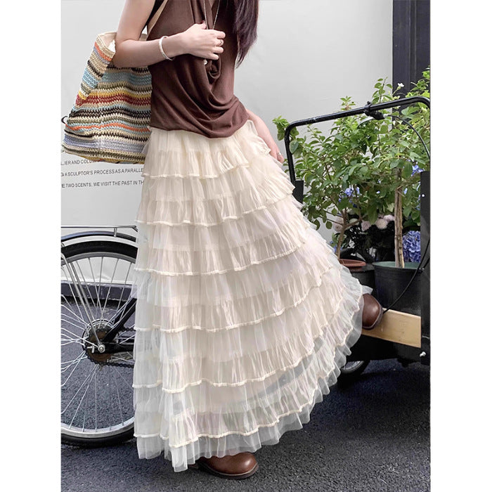 [Original Practice] Korean Court Style Rice Apricot Silk Velvet Cake Layer Unkempt Net Yarn Half Skirt