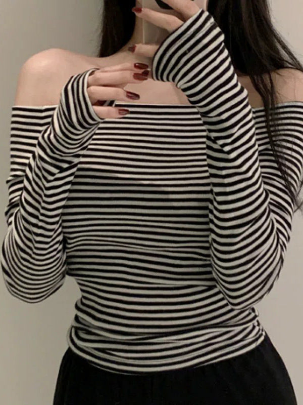 Ins Sexy Pure Oceanic Stripes With Long-Sleeved T-Shirt Girl Collarbone Collared Blouse