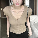 4.1/New In Spring XUAN XIAO JIE Solid Color V-Necked Knitted Short-Sleeved T-Shirt For Women
