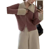 KANING Collar Fur Double Zipper Knitted Cardigan Women 2026 Autumn New Bumpy Retro Style Sweater Outside