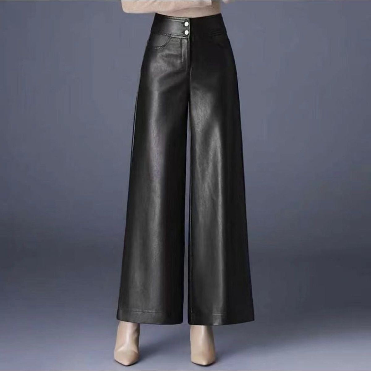 2025 Autumn And Winter New Fashion High-Waist PU Leather Pants Wide Leg Trousers Women Feel Loose Air Casual Trousers