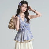 Summer Sexy Sister Wind Hanging Neck Tuxed Back Twistry Tucked Tucking Blouse Tucking Shirt