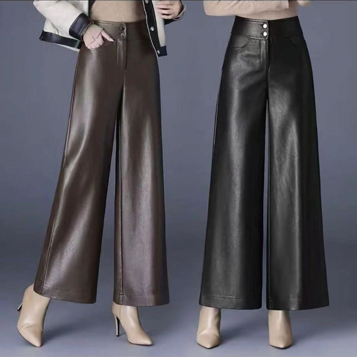 2025 Autumn And Winter New Fashion High-Waist PU Leather Pants Wide Leg Trousers Women Feel Loose Air Casual Trousers