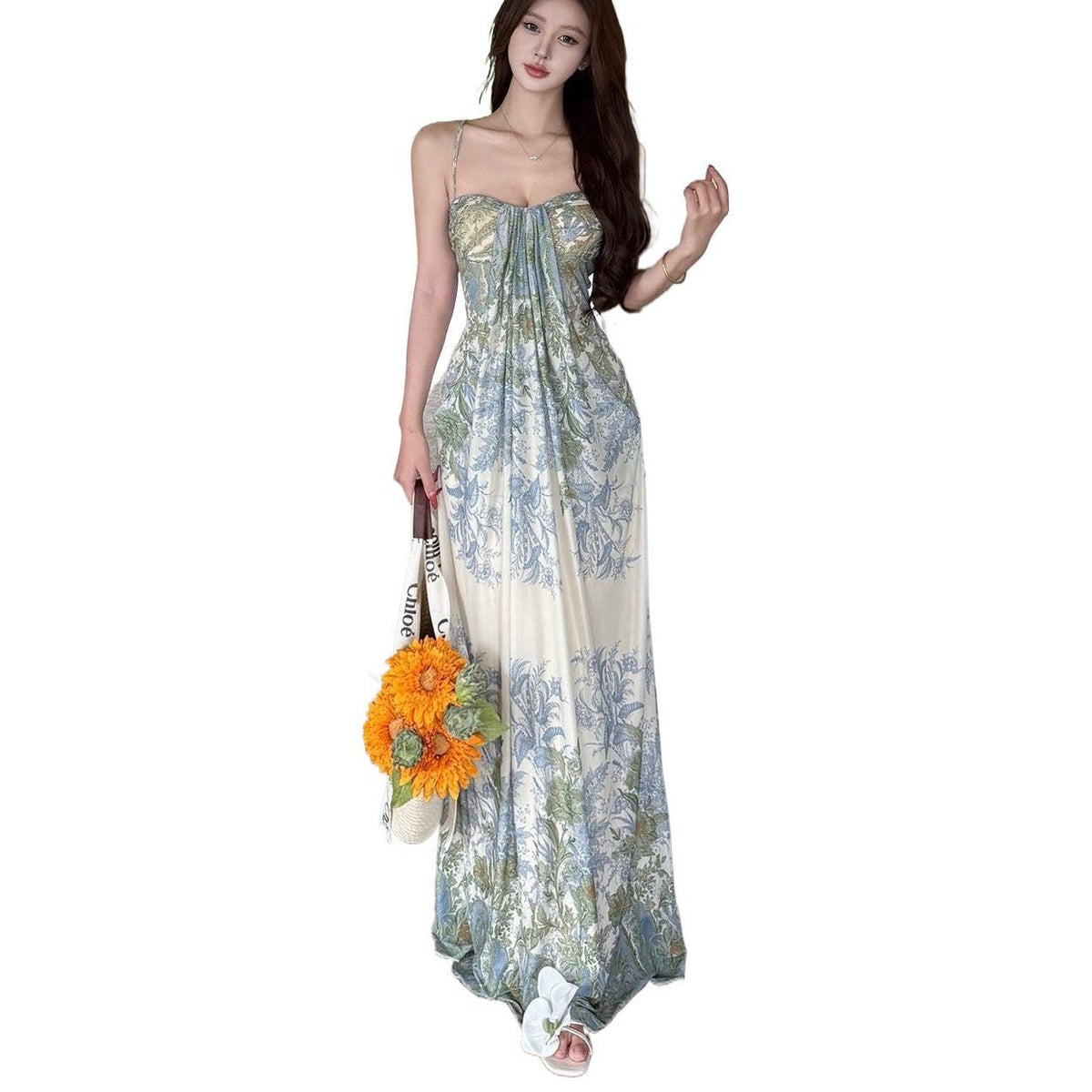 Sexy Beautiful Slings Print Bareback Dress Female Summer Temperament Thin Seaside Wind Bag Hip Dress Long