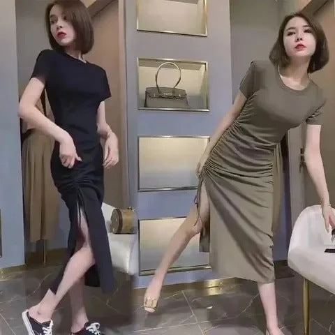 2025 New Summer Elastic Repair Arm Ion With Side Open Fork Long Dress Women's Short-Sleeved T-Shirt Drawer