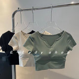 Summer New Solid Color With Chest Cushion V-Neck Short-Sleeved T-Shirt Women's Sports Yoga Suit With A Short Top