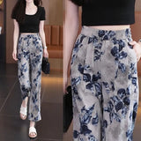 Ice Silk Print Creased Broad Leg Pants Women Summer Thin New Loose Waist Loose Nine-Point Leisure Straight Long Trousers