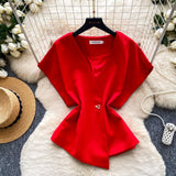 Korean Version Of The Commuter Style V Collar Short Sleeve Loose Shirt Women's Summer Design Sense Of Irregular Cardigan Temperament Tops Niche