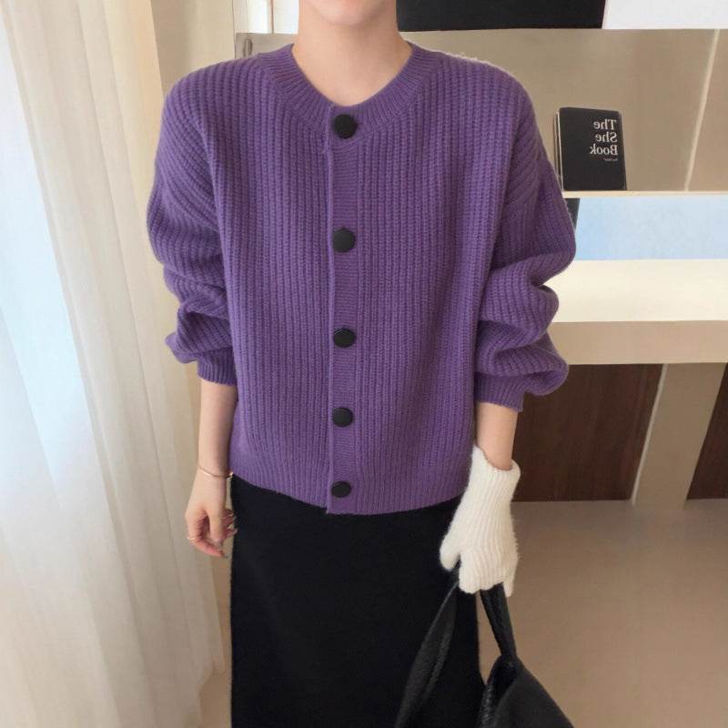 KANING Purple Thin Round Collar Knitted Cardigan 2026 Autumn And Winter New Loose Lazy Wind Solid Color Sweater Jacket