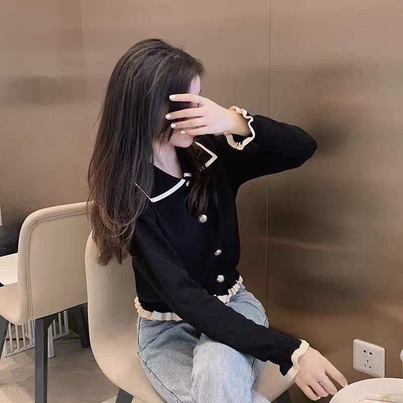 French Color Piecing Knitted Bottom Shirt With Women's Spring And Autumn Small Fragrant Short Sweater Open-Sleeved Top