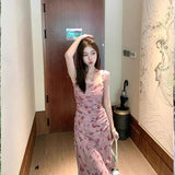 Holiday Pink Floral Sling Dress Women's New Summer Body-In-Law Temperament Beautiful Sleeveless Long Skirt