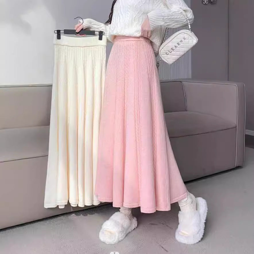 KANING Knitted Wool Skirt Half-Dress 2026 Autumn And Winter New Long Thicker Folding Skirt