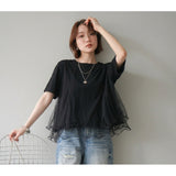 Multiplication A Large Number Of Light Retro Mesh Splicing T-Shirt Women Round Collar Three-Dimensional Design Commuting Level Sense On The Sense Of The Level