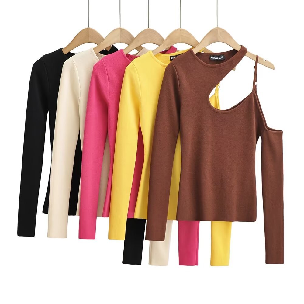 Autumn New Hottie Irregular Neck Hanging Neck Knitted Shirt Women's Single Shoulder Solid Color Knitting Top