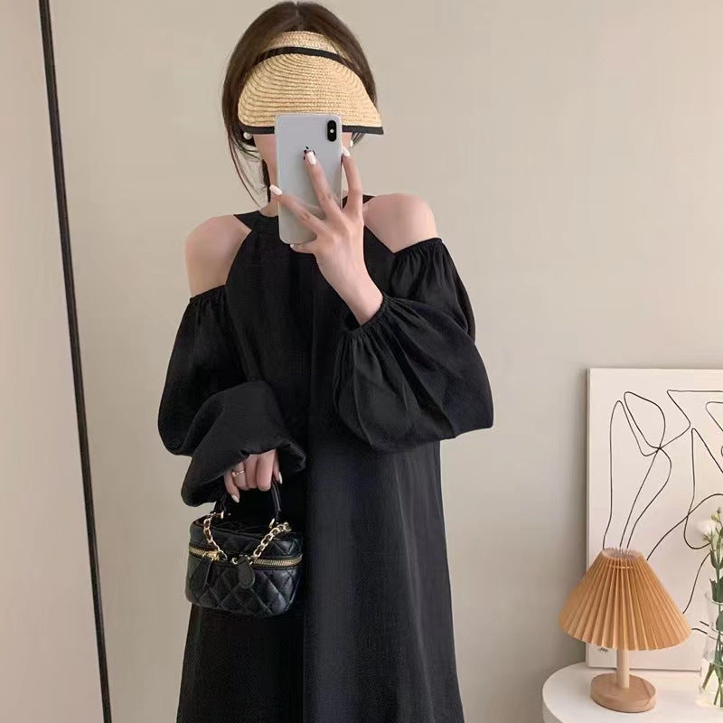 Hang Neck Chic Design Small Long-Sleeved Dress Women's Clothing Leaking Shoulder Thin Small Short Skirt Shoulder Strap