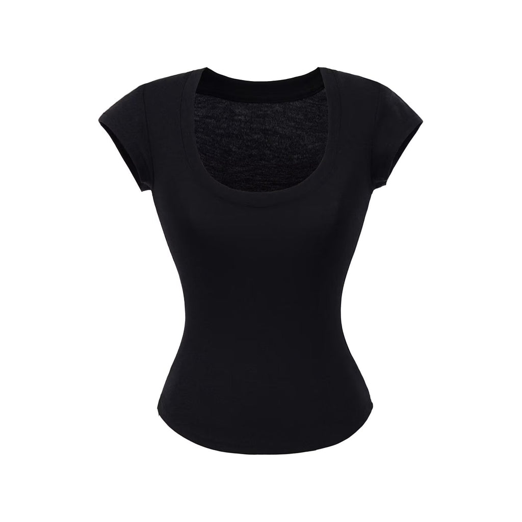 Pure Breeze Summer Cool U Collar Short-Sleeved T-Shirt Thening Waist Thin Bottom Half-Sleeved Top Sexy Comfortable