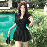 Black Waist Lace Splicing Polo Collar Dress Women Summer Pure Lust Bubble Bubble Sleeve A Short Skirt