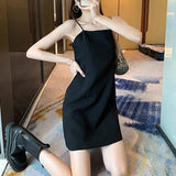 Black Simple Hepburn Style Sexy Sling Dress Female Summer Temperament Small Black Dress Short H-Shaped Skirt