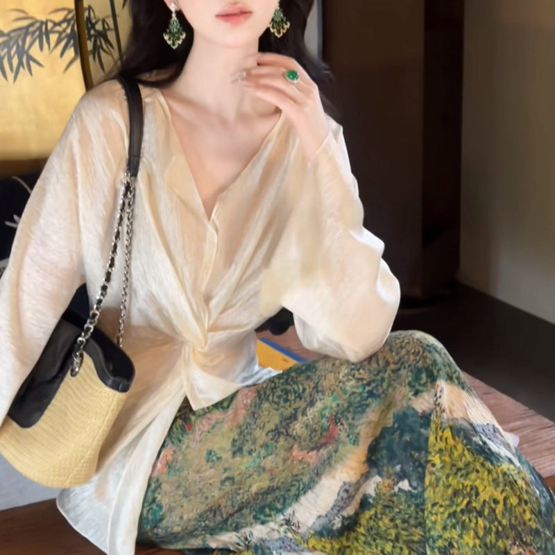Summer Shirt Long Sleeve Cross-Tling High-Grade Texture Acetic Acid Thin Coat Dress Suit Woman