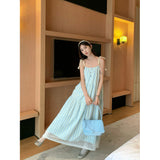 Gentle Wind Seaside Resort Striped Slinged Dress Women's Summer New French Temperament Loose Little One-Child Dress