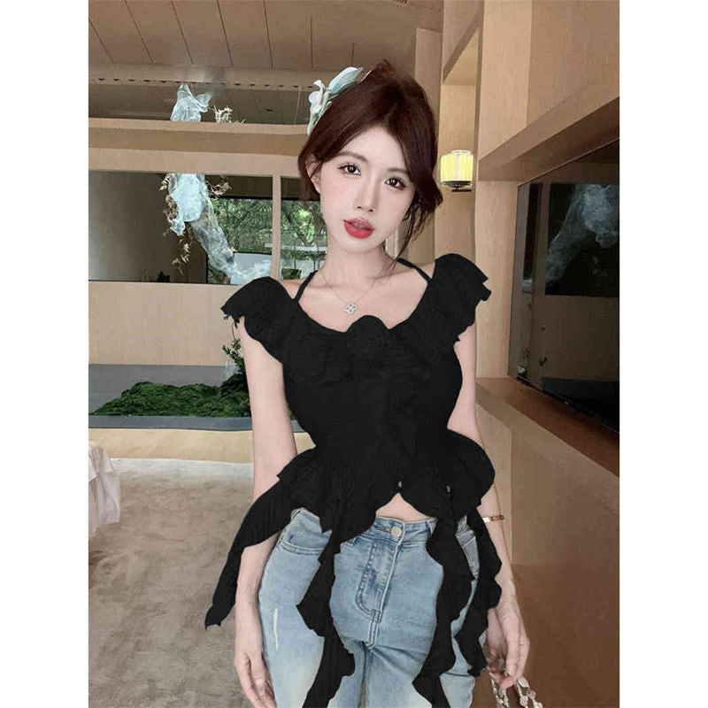 Summer Sexy Pure Wind Open Shoulder Hanging Neck Sling Vest Woman Design Lotus Leaf Side Tight Thin Cloth