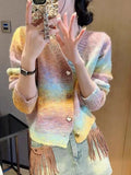 KANING Heart-Shaped Button Gradient Rainbow-Colored Knit 2026 Autumn New Stylish Sweet V-Neck Sweater