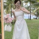 Gentle Wind-Fangd Tie Sling Solid-Colored Dress Summer Women French Height Waist Temperament Over The Knee Long Skirt