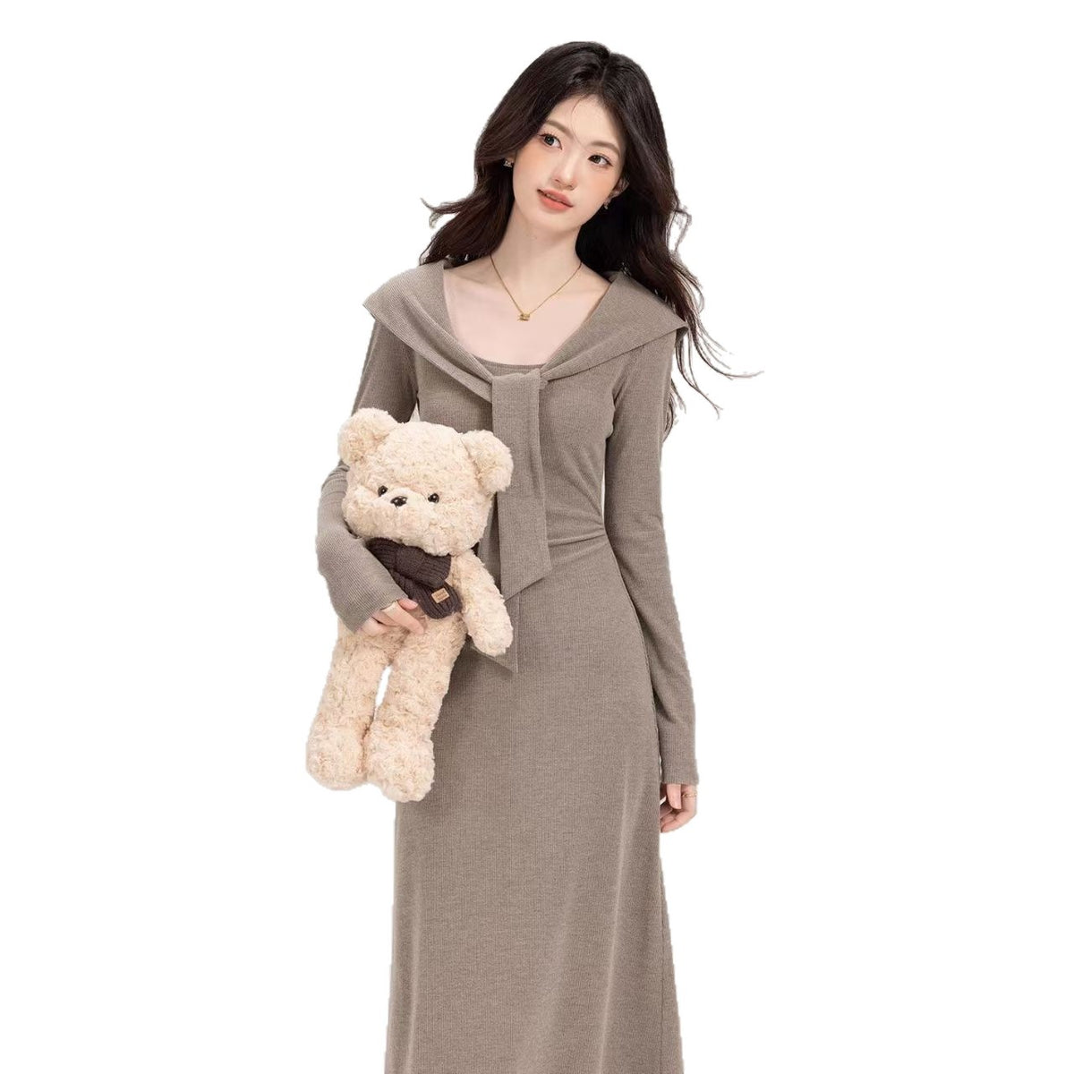 2025 New Solid Color Ouyang Early Autumn Lazy Long Dress Commuting Waist Design Slim Dress