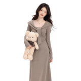 2025 New Solid Color Ouyang Early Autumn Lazy Long Dress Commuting Waist Design Slim Dress