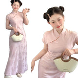 Large-Size Fat MM New Chinese-Style Improved Pink Cheongsam Dress Gentle Wind Temperament To Close The Waist Thin A Word Long Dress