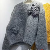 Kaning French Heavy-Industrial Handmade Flower Knitwear 2026 Spring New Shoulder Sleeves Weighted Sweater Women