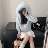 KN Hooded Removable Large Collar Knitted Jersey 2026 Autumn And Winter New Design Women's Soft-Creinable Sweater Jacket