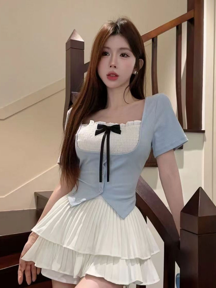 French Chic Sweet Babes Design Small Women's Summer Bows And Coloring Short-Sleeved Shirt Slim Top