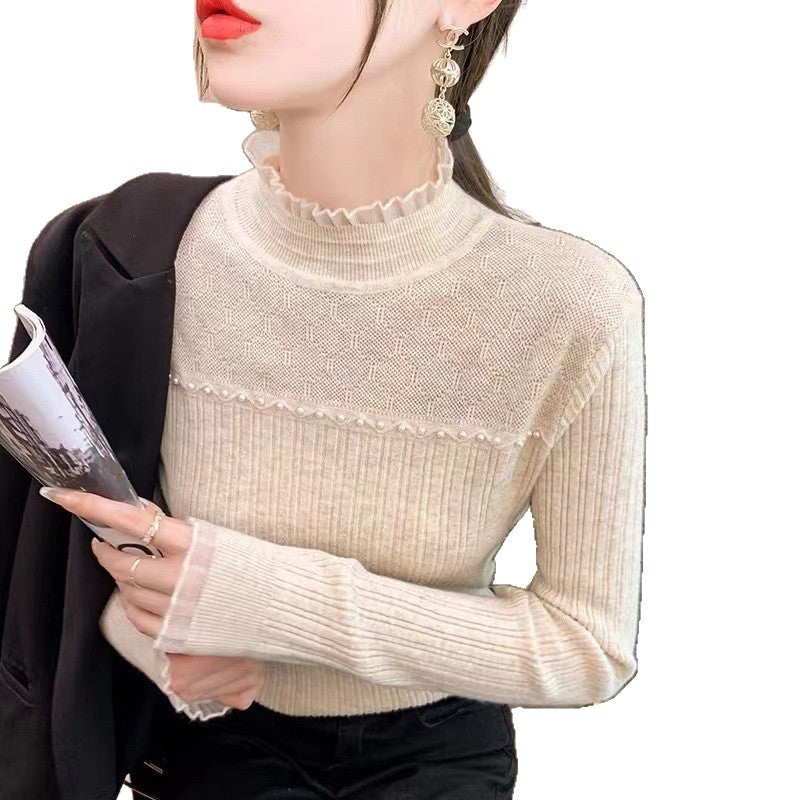 KANING Stylish Stylish Temperament Pearl T-Shirt By Lace Knitted Shirt Half-Led Sweater