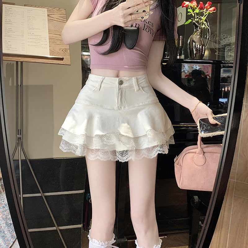 Real Shooting 2025 Pure-Hearted Hottie Design Elastic Denim Cake 100-Folded Skirt Skirt
