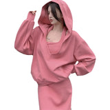 Autumn Atmosphere Age-Down Loose Lazy Set Of Women's Large Size Hoodie + Hanging Neck Dress Cover Meat Two Sets
